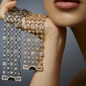 woman holding a necklace full of diamonds